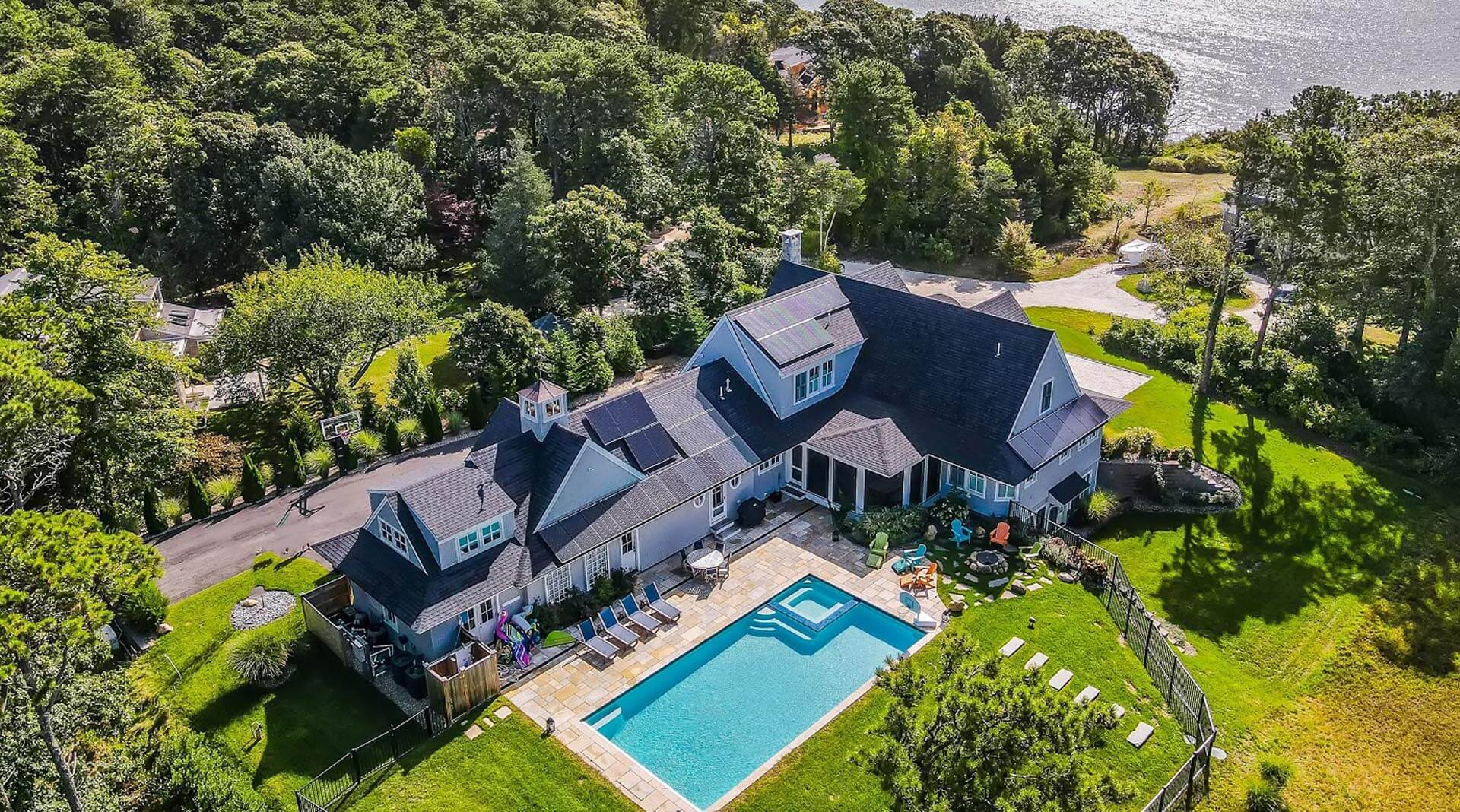 Aerial view of our Cape Cod Rentals with pool